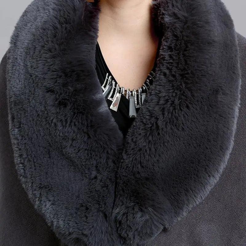 Cheky - Fur Shawl And Fur Collar Knitted Cardigan Shawl Cloak