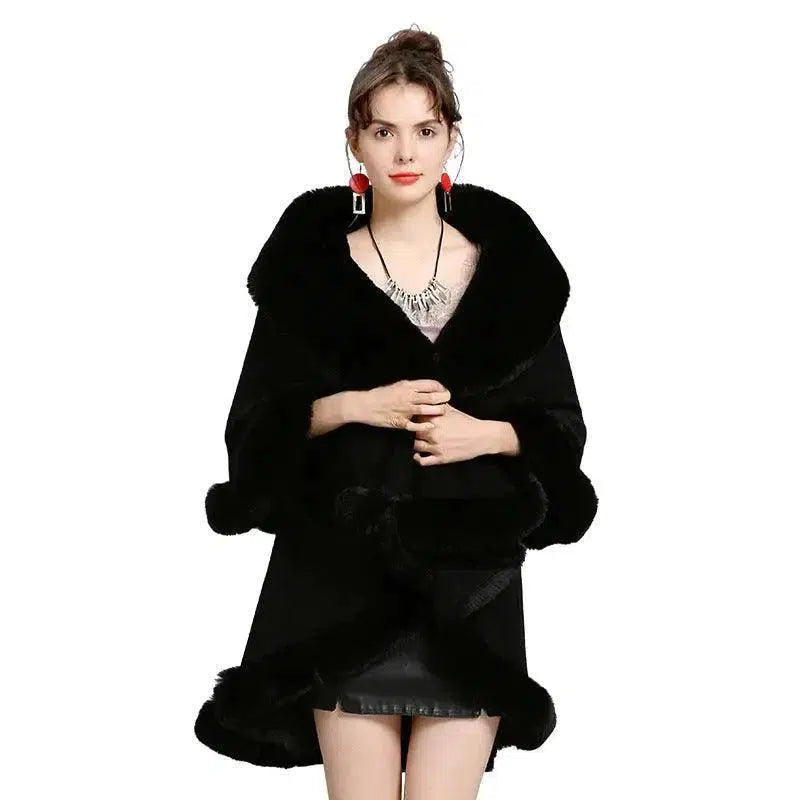 Cheky - Fur Shawl And Fur Collar Knitted Cardigan Shawl Cloak