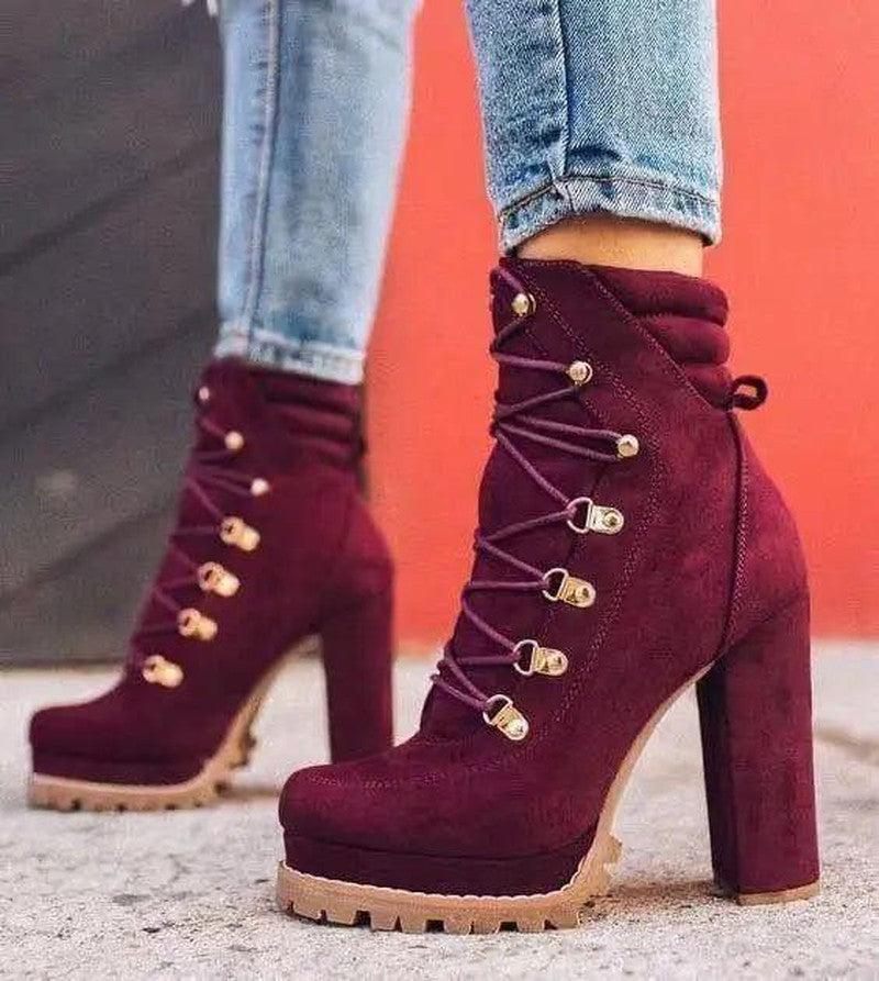 Cheky - Heeled Boots For Women Round Toe Lace UP High Heels Boots