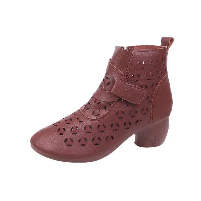 Cheky - Hollow Out Boots Women Retro Style Side Zip Mid Heels Shoes