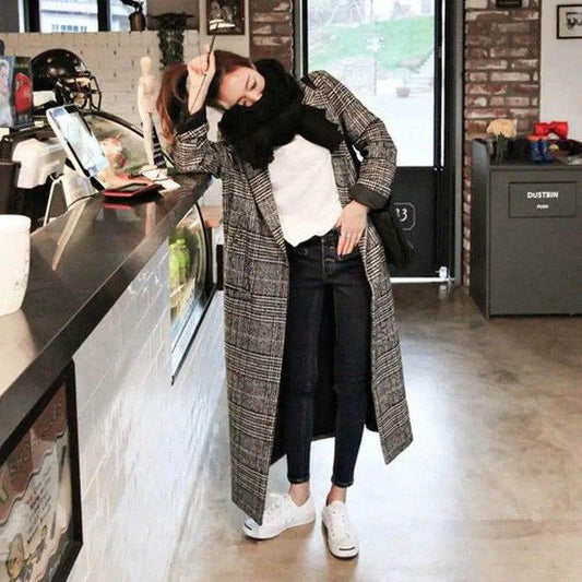 Cheky - Houndstooth Mid-length Woolen Coat Thick Wool Cloth Korean