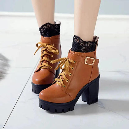 Cheky - Lace Ankle Boots Lace-up Square Heeled Shoes Women White Black Boots