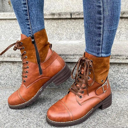 Cheky - Lace-up Boots Winter Buckle Cowboy Boots Women Low Heel