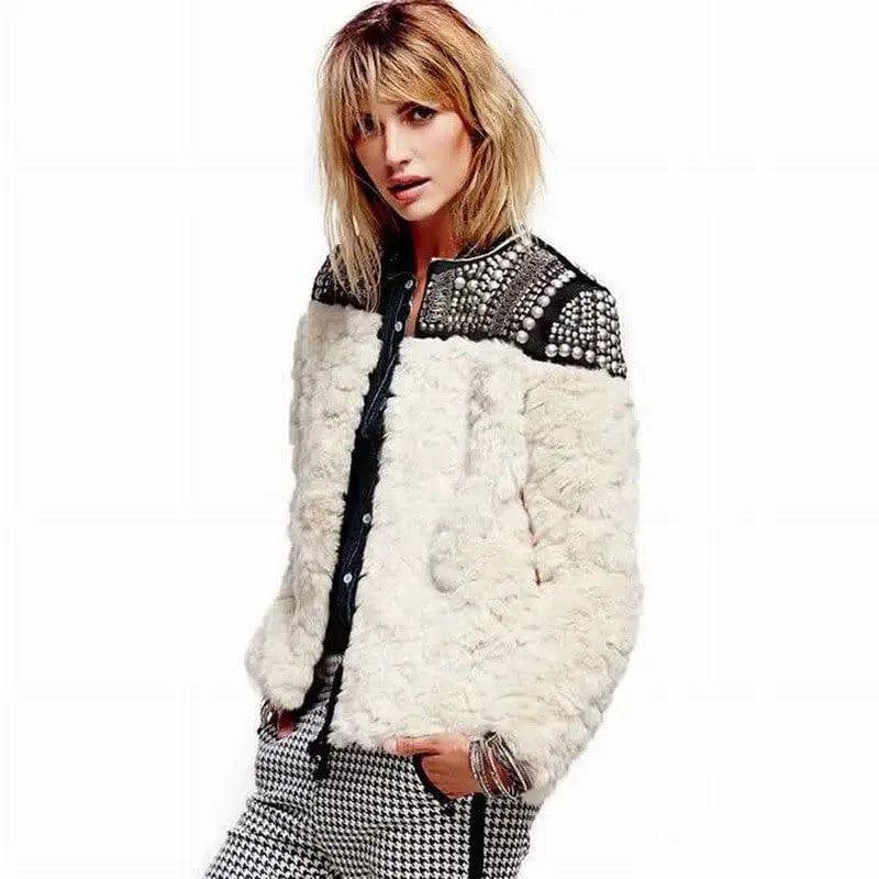 Cheky - Lamb Wool Beaded Fur Short Coat Thickened Cashmere