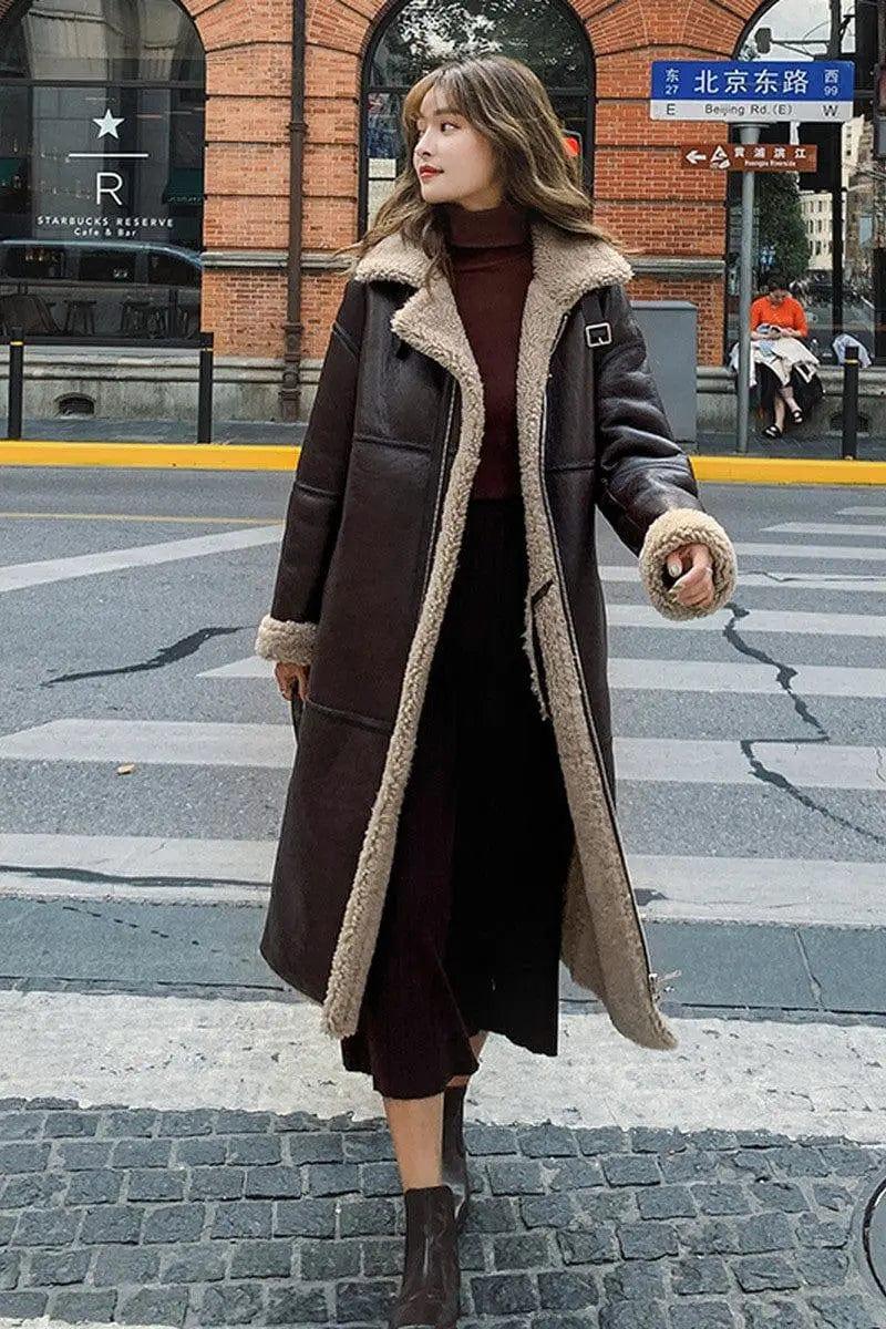 Cheky - Lamb Wool Over-the-knee Mid-length Leather Coat