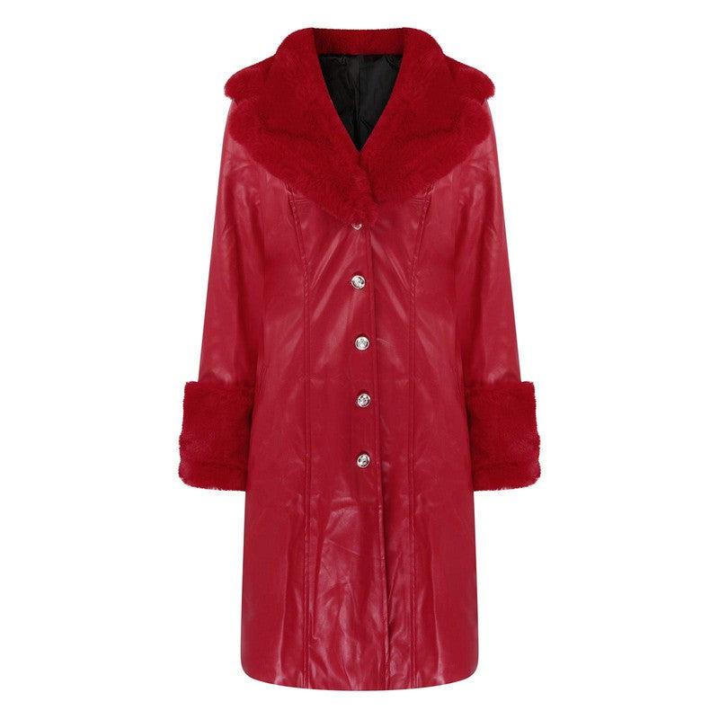 Cheky - Lapel Long Coat Fur Collar Temperament Zipper Women PU Jacket