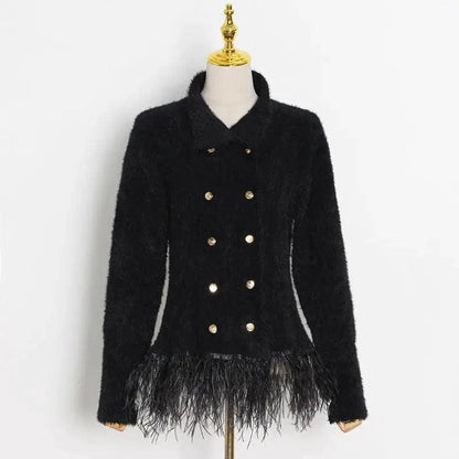 Cheky - Lapel Long Sleeve Slim Double Breasted Tassel Coat Women