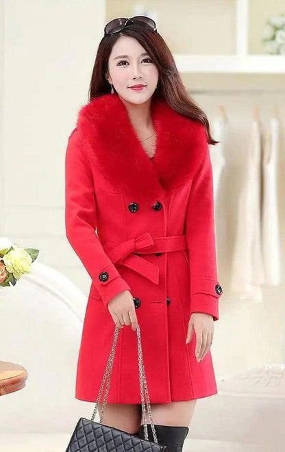 Cheky - Large fur collar woolen coat