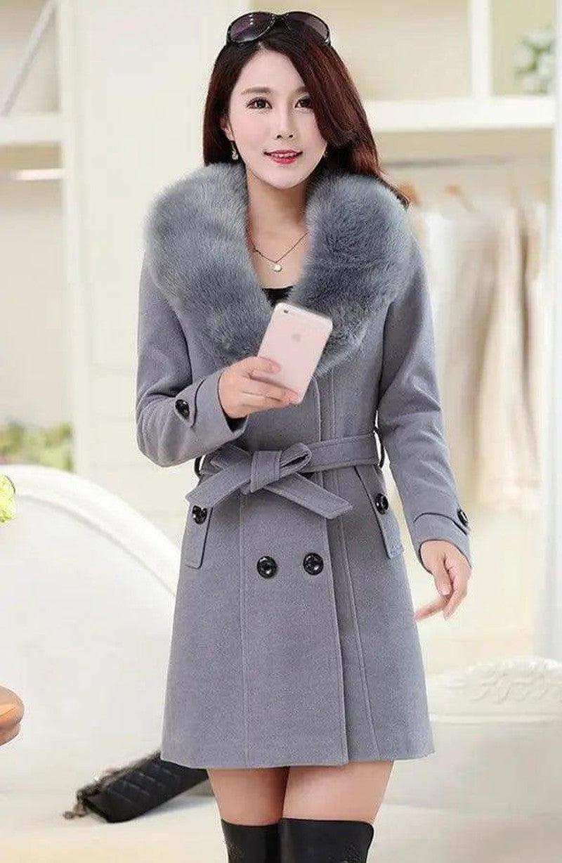 Cheky - Large fur collar woolen coat