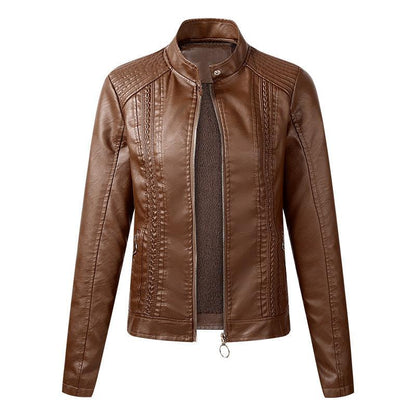 Cheky - Long Sleeve Ladies Leather Jacket Pu Leather Women Short