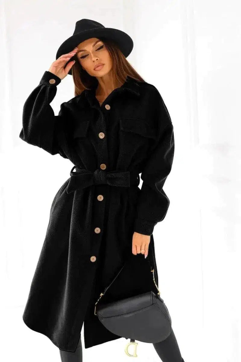 Cheky - Long-sleeved V-neck Button Lace Woolen Coat Coat Women's