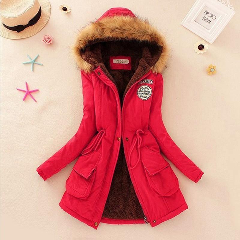 Cheky - Long Women's Cotton-Padded Jacket With Wool Collar