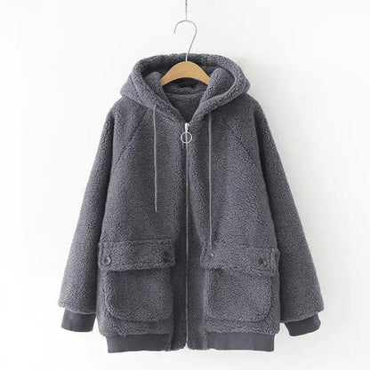 Cheky - Loose Hooded Warm Lamb Fur Jacket