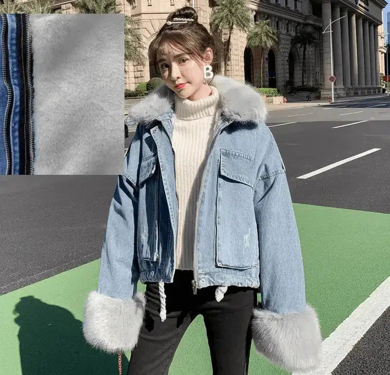 Cheky - Detachable rabbit fur two-piece denim coat