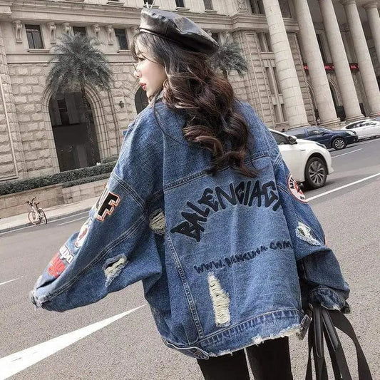 Cheky - Women's Loose Denim Jacket With Ripped Holes