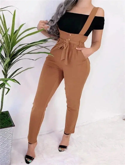 Cheky - Women's high waist casual jumpsuit suspenders