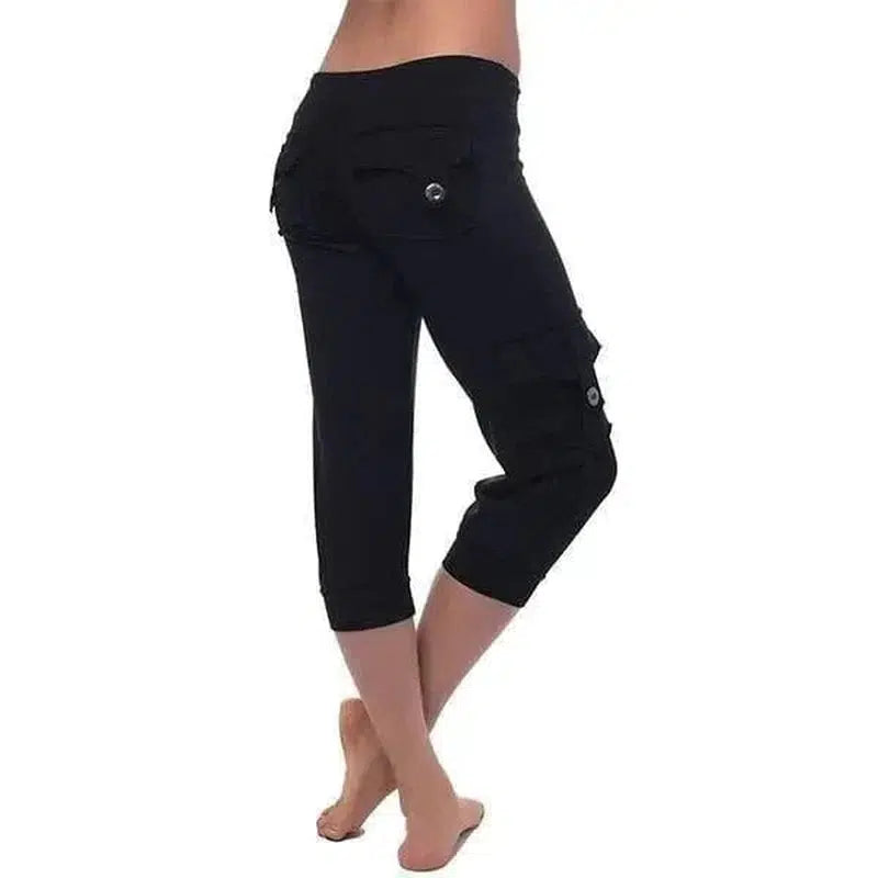 Cheky - Yoga cropped pants with elastic waist button pockets