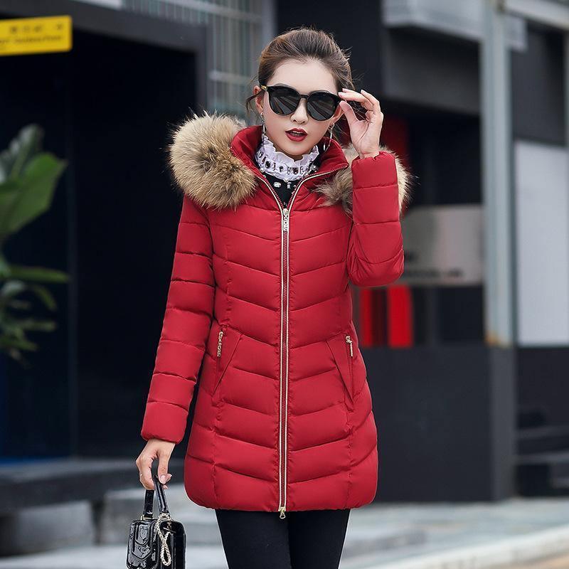 Cheky - Mid-length slim cotton jacket large fur collar down jacket