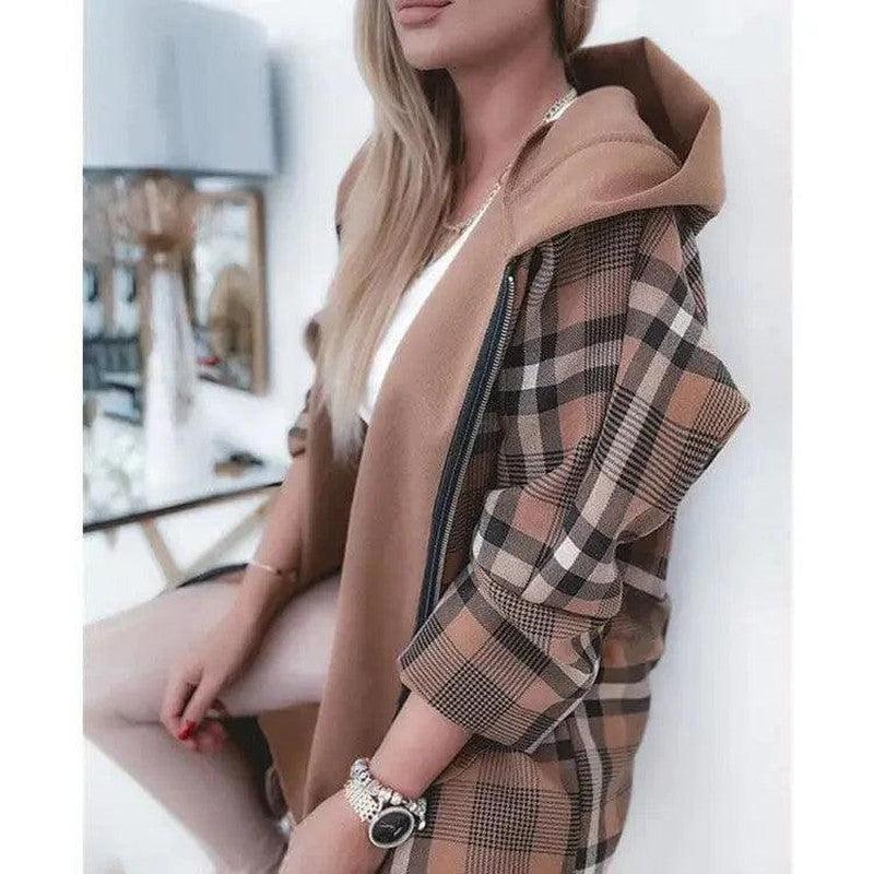 Cheky - Mid-length Zipper Plaid Coat Women's Loose Coat