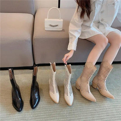 Cheky - Pointed Western Cowboy Boots Women Thin Hollow Knight Thick Heel Net Boots Sandals