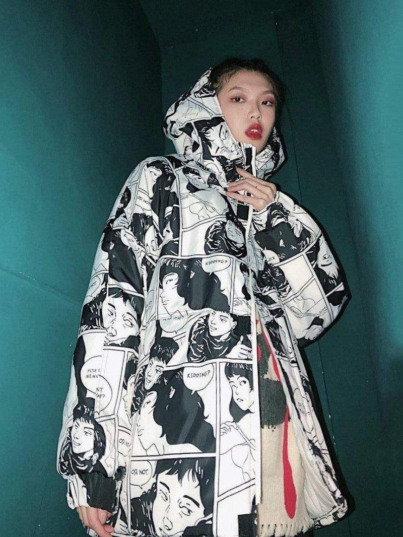 Cheky - Portrait comic print coat hooded cotton jacket