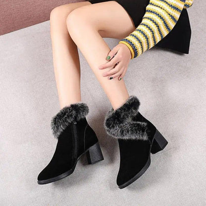 Cheky - Rabbit Fur Snow Boots Women Cotton Shoes Mid Heel Plus Velvet Thick Warm