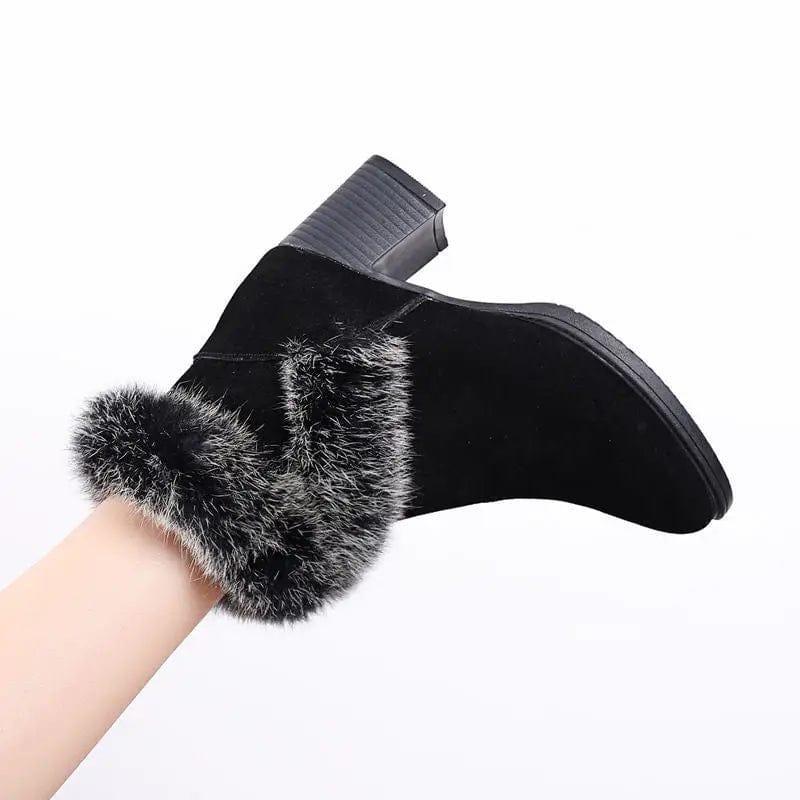 Cheky - Rabbit Fur Snow Boots Women Cotton Shoes Mid Heel Plus Velvet Thick Warm