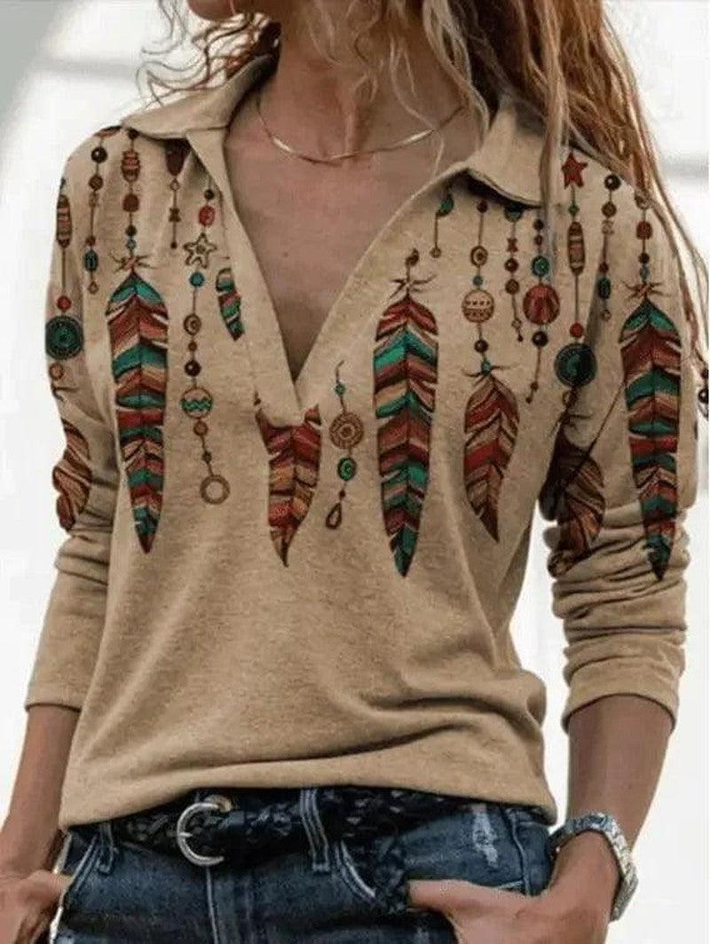 Cheky - Retro long-sleeved printed V-neck shirt sweater