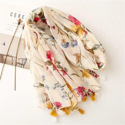 Cheky - Retro Style Rice Coffee Flower With Sequin Scarf Travel Sunscreen Long Style