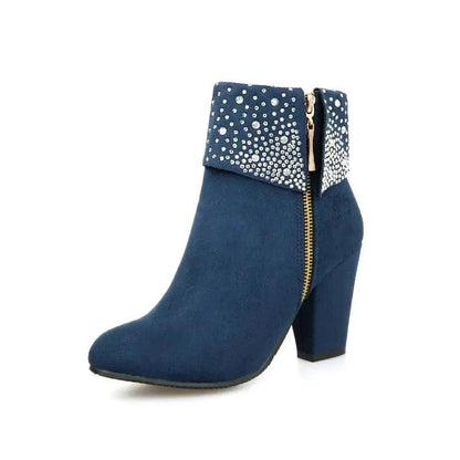 Cheky - Rhinestone nubuck short heel women boots