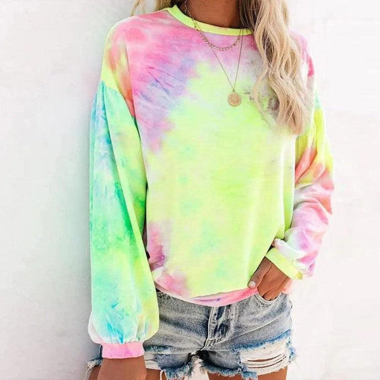 Cheky - Turtleneck Long-Sleeved Tie-Dye T-Shirt Women Loose Top