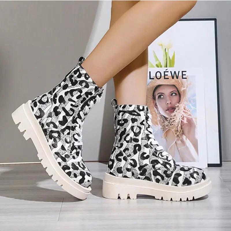 Cheky - Women Martin Boots Black White Leopard Print Low Heel Shoes Cowgirl Boots