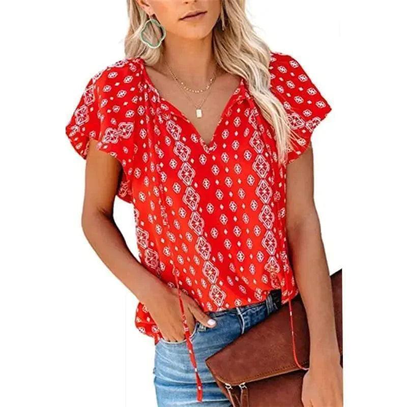 Cheky - Women's Casual Short-sleeved Loose Print V-neck Shirt Top