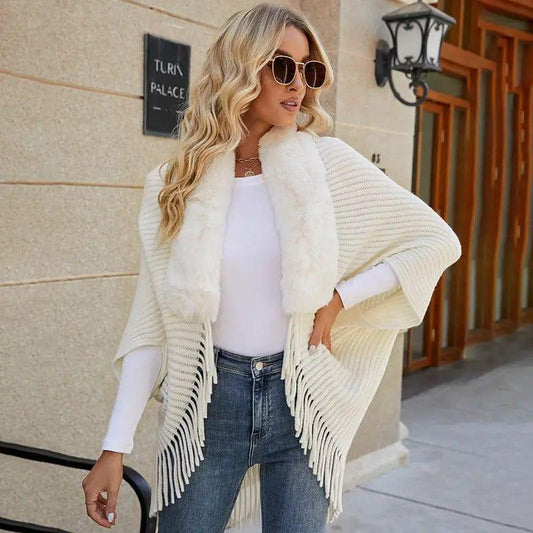 Cheky - Women's Fur Collar Tassel Shawl Knitted