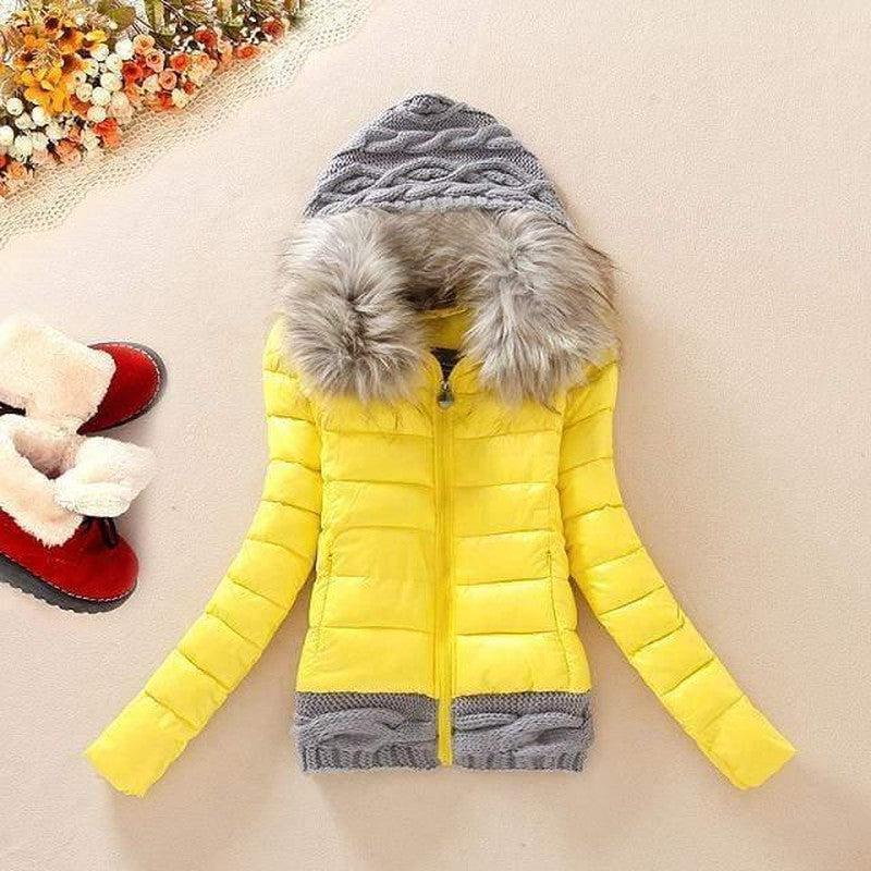 Cheky - Wool stitching cotton coat fur collar hooded slim cotton