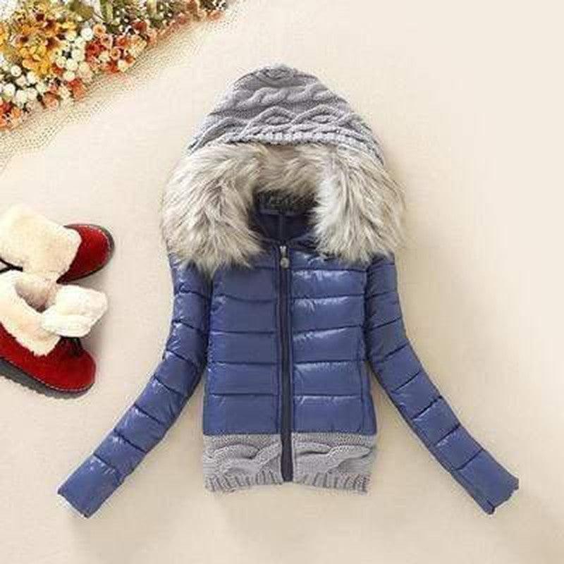 Cheky - Wool stitching cotton coat fur collar hooded slim cotton