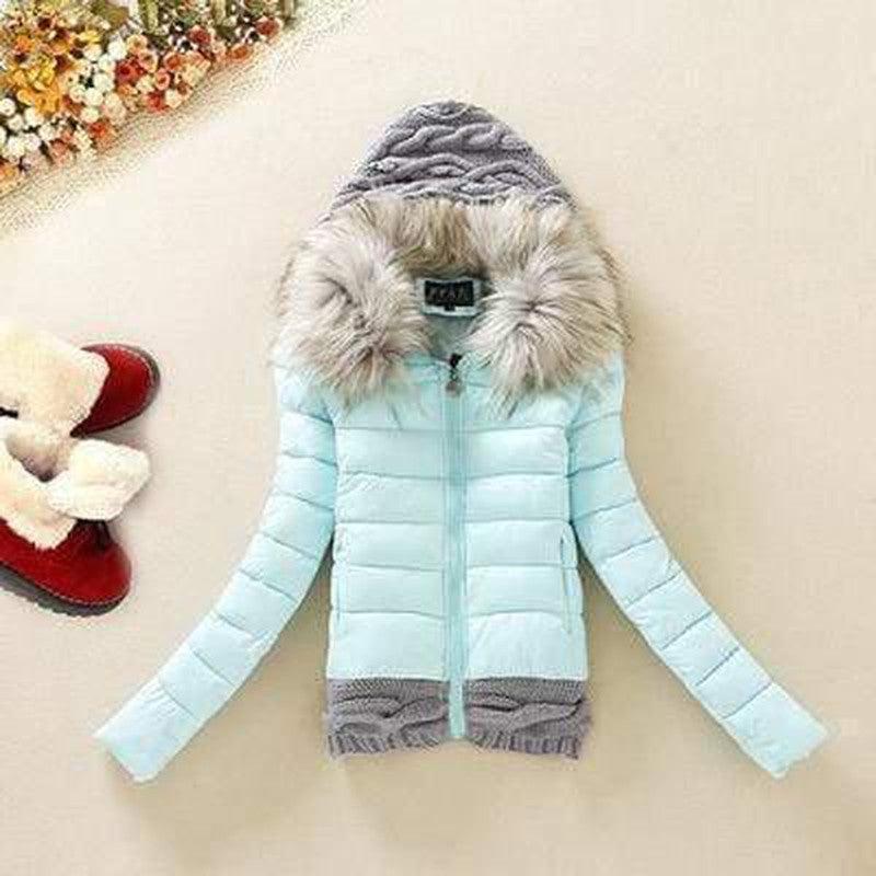 Cheky - Wool stitching cotton coat fur collar hooded slim cotton